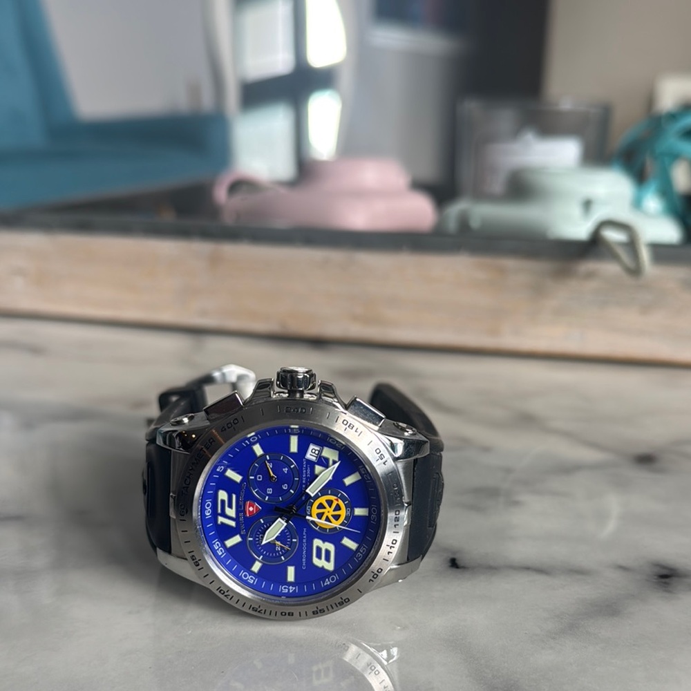 Blue and Silver Chronograph Watch